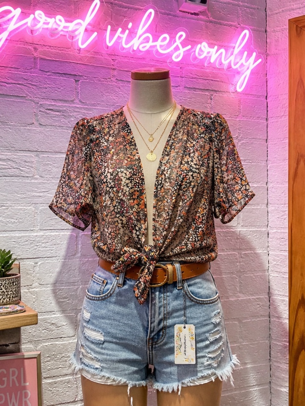 Brown Floral Tie-Front Short Sleeve Blouse